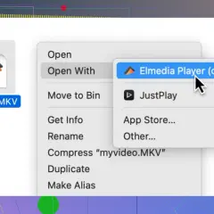 Right-click menu to open myvideo.MKV file with Elmedia Player (default) or JustPlay.