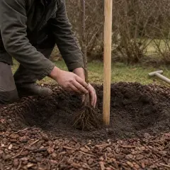Un jardinier plante un jeune abricotier, ses mains guidant la racine dans la terre fraîche. Un tuteur en bois est déjà en place.