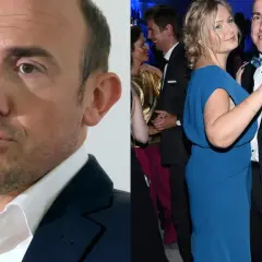 Borys Budka i kobieta w niebieskiej sukience tańczą na imprezie.