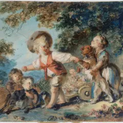 Enfants jouant avec un chien, une scène joyeuse typique des œuvres d'art de Jean-Honoré Fragonard.