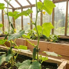 Gurkor växer i ett växthus. Små gurkor och gula blommor syns på plantorna, som klättrar uppåt. Sidoskott gurka ger en riklig skörd.