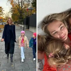 Edyta Herbuś z dziećmi spaceruje jesienią i przytula się do nich w łóżku.