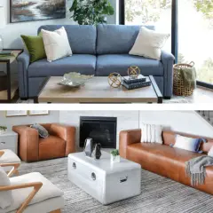 Two living rooms showcasing contemporary furniture styles: one with a blue sofa and light wood coffee table, the other with brown leather seating and a metallic coffee table.