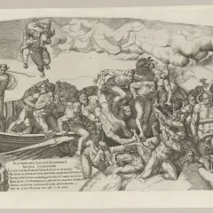 Rycina przedstawia scenę mitologiczną z łodzią i postaciami w chmurach.