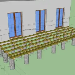 Projekt tarasu z widocznymi legarami i wymiarami. Podpora konstrukcji tarasu opiera się na betonowych słupkach.