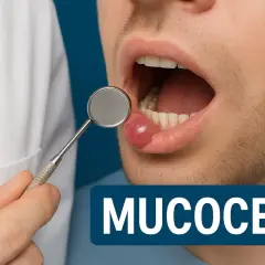 Lekarz bada powiększoną, różową zmianę na wardze – to mucocele.