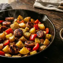 Heißer Dampf steigt auf von Bratkartoffeln mit Bratwurst und Paprika in einer Gusseisenpfanne. Dazu eine Schale mit Dip.