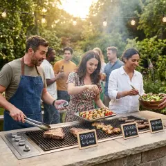Ambiance estivale, amis réunis autour d'un barbecue gaz. Les indications de temps de cuisson barbecue gaz sont visibles : steaks, poulet, saucisses, côtelettes d'agneau.