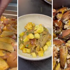 Preparación de pollo al ajillo: alitas crudas, plato servido con patatas y pollo cocinado con ajo.
