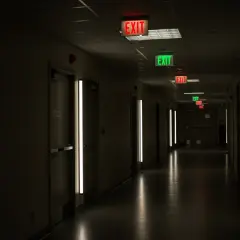 Przegląd oświetlenia awaryjnego i ewakuacyjnego w ciemnym korytarzu. Wiele znaków "EXIT" świeci na czerwono i zielono, wskazując drogę ucieczki.