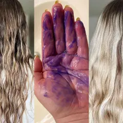 Cabello rubio con tonos amarillos antes y después de usar champú violeta. La mano muestra el producto morado listo para usar.