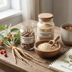 Ashwagandha-Wirkung: frische Pflanze, Kapseln, Pulver und Tee auf Holztisch. Notizbuch zeigt Withania somnifera.