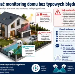 Ilustracja pokazuje, jak zaplanować system monitoringu domu jednorodzinnego, unikając błędów takich jak złe rozmieszczenie kamer czy martwe strefy.