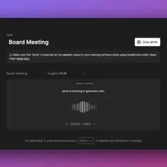 Screen shows how to record minutes of a board meeting with "jamie" active, listening, and ready to generate notes.