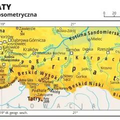 Mapa hipsometryczna Karpat z zaznaczonymi pasmami górskimi, takimi jak Tatry, Beskid Wysoki i Bieszczady, tworzącymi łuk Karpat.