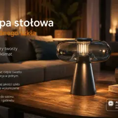 Elegancka lampa stołowa z dymionego szkła, tworząca ciepły klimat. Wysokiej jakości szkło i solidne wykończenie.
