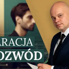 Rozważasz różne rodzaje rozwodów? Na zdjęciu mężczyzna w garniturze, obok sylwetki pary, z napisem "SEPARACJA A ROZWÓD".
