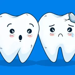 Due denti con espressioni facciali: uno sorpreso, l'altro triste con una carie. Un monito per prevenire carie e prendersi cura del proprio sorriso.