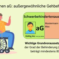 Mann im Rollstuhl, Schwerbehindertenausweis mit Merkzeichen aG (außergewöhnliche Gehbehinderung). Lungenlappen entfernt, was zu dieser Schwerbehinderung führte.