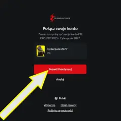 Ekran logowania do gry Cyberpunk 2077. Wybór polskiego języka i opcji "Pozwól i kontynuuj" sugeruje polski dubbing.