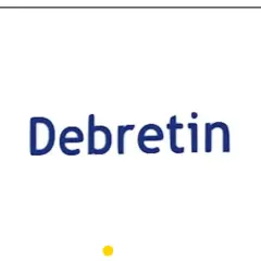 Niebieski napis "Debretin" na białym tle. Pod nim mała żółta kropka.