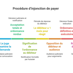 Schéma de la procédure d'injonction de payer, menant à l'exécution forcée par saisie des biens et revenus du débiteur.