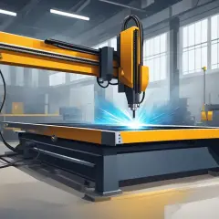 Precyzyjne wycinanie plazmą metalu przez nowoczesną maszynę w hali produkcyjnej. Jasny łuk plazmy przecina materiał.