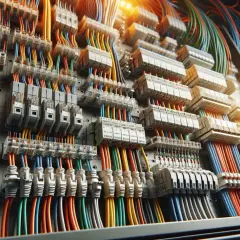Zbliżenie na rozdzielnicę elektryczną z wieloma przewodami i bezpiecznikami.