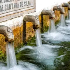 Fuente alta agua brota de varios grifos de metal, creando un riachuelo burbujeante.