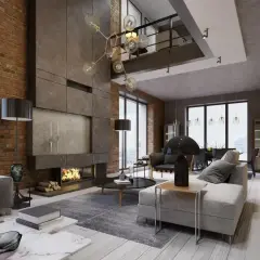 Nowoczesny styl loftowy salon z ceglanymi ścianami, kominkiem i designerską lampą.