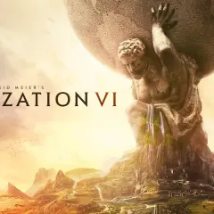 Tytan dźwigający świat na tle zachodzącego słońca, symbolizujący grę Sid Meier's Civilization VI i jej dodatki.