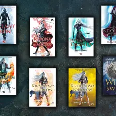 Kolekcja książek Sarah J. Maas: Szklany tron, Korona w mroku, Dziedzictwo ognia, Królowa cieni, Imperium burz, Królestwo popiołów (część I i II) oraz Wieża świtu.