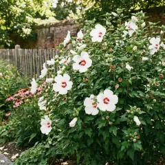 Kiedy sadzić hibiskusa ogrodowego? Krzew z białymi kwiatami i czerwonymi środkami, kwitnący latem, obok drewnianego płotka.