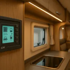 Tableau de commande cellule camping-car Fiat Ducato affichant 13.0V et l'état des batteries.