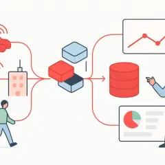 Schéma illustrant le flux de données : voiture, smartphone, bâtiment, blocs de données, base de données, graphiques et un homme interagissant avec les systèmes d'informations.