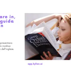Ragazza studia con dizionario Oxford English, imparando a usare le preposizioni **in**, **on** e **at** in inglese.