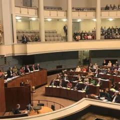 Im finnischen Parlament diskutieren Abgeordnete über wichtige Themen. Goldene Statuen schmücken die Wände des Plenarsaals.