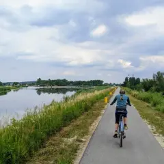 Kobieta na rowerze przemierza ścieżkę nad wodą, ciesząc się pięknem przyrody. To idealne miejsce na **velo Skawina**.