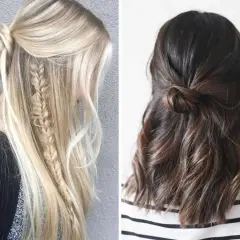 Zwei halb hochsteckfrisuren: Blond mit Zopf und Dutt, Brünett mit Knoten.