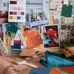 Mood board showcasing boho style furniture inspiration with rich textures, vibrant colors, and eclectic patterns.