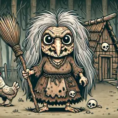 Baba Jaga z miotłą i kurczakami przed chatką w lesie, jak z filmu.