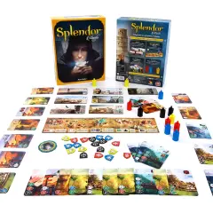 Plansza i karty gry "Splendor Miasta" ukazują splendor miasta, zapraszając do budowania i rozwoju.