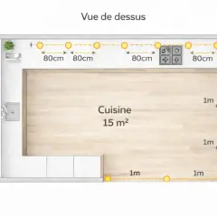 Plan de cuisine 15 m² avec spots lumineux espacés de 80 cm et 1 m. Le nombre de spot par m² est optimisé pour un éclairage uniforme.