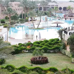 Luksusowy resort Prima Life Makadi z basenami, palmami i zadbaną zielenią.
