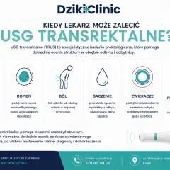 USG transrektalne pomaga w diagnostyce przetok, ropni, bólu, sączenia, uszkodzeń zwieraczy i przed zabiegami.