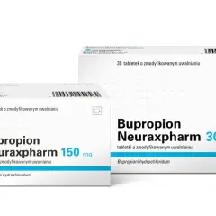 Dwa opakowania leku Bupropion Neuraxpharm 150 mg i 300 mg, zawierające tabletki o zmodyfikowanym uwalnianiu. Wellbutrin to nazwa handlowa tego leku.