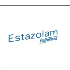 Niebieski napis "Estazolam" z mniejszym napisem "Polfarmex" pod spodem.