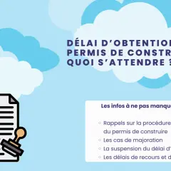 Illustration d'un permis de construire avec un tampon, abordant le délai d'obtention et la suspension du délai d'instruction.