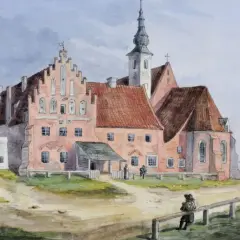 Akwarela przedstawia malowniczy klasztor ojców bernardynów z charakterystyczną wieżą i ceglanymi budynkami.