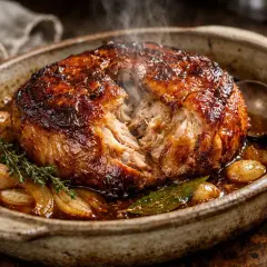 Rouelle de porc rôtie, tendre et juteuse, baignant dans une sauce savoureuse avec des oignons caramélisés et des herbes.